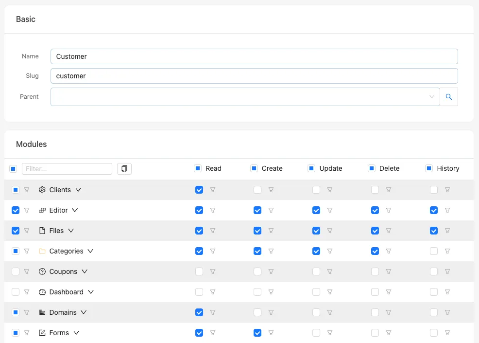 Permissions matrix in the Brezel UI